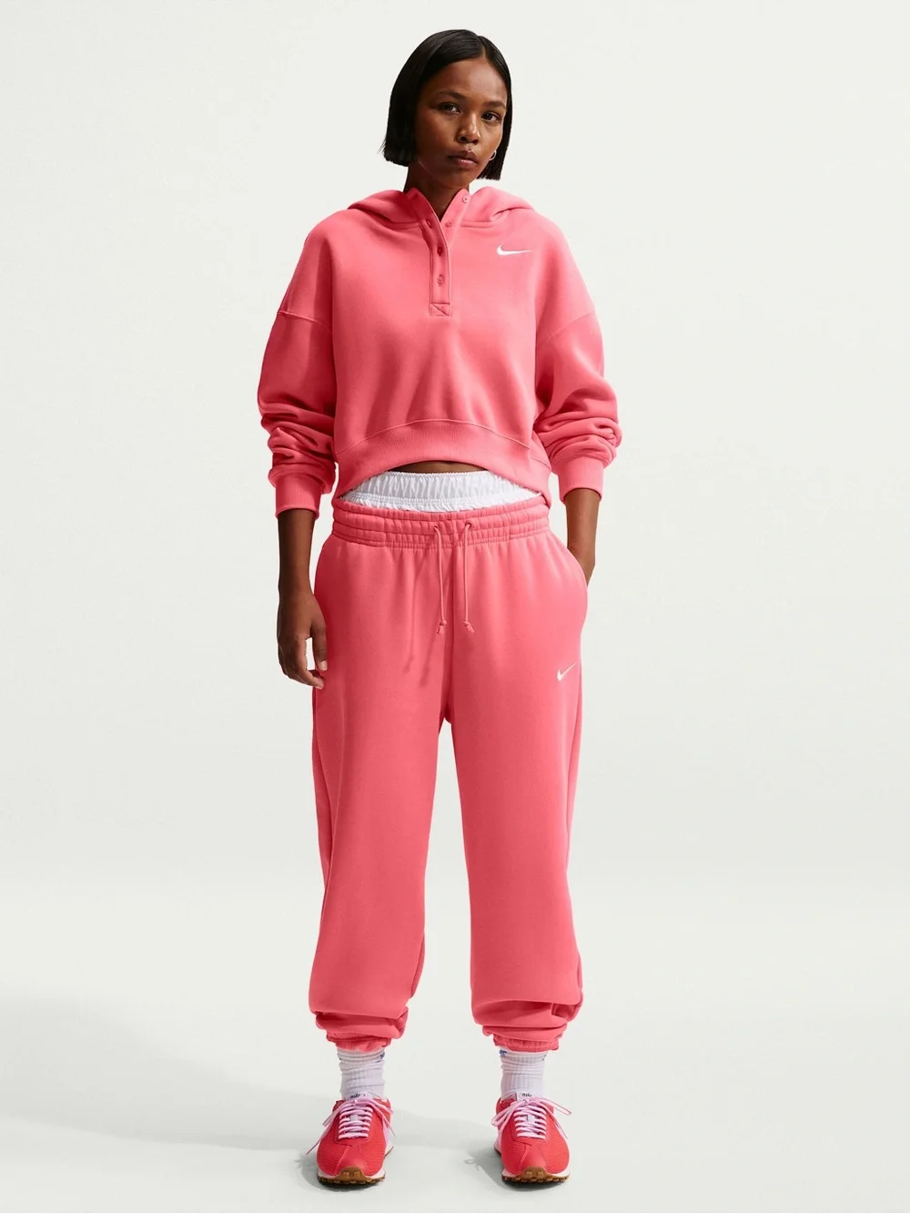 Nike Coral-Pink Button-Placket Hoodie